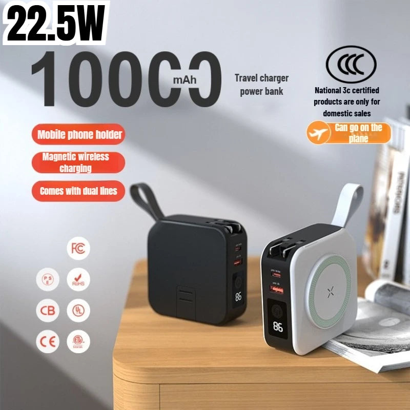 Multifunctional Magnetic Wireless Power Bank 10000Mah With 22.5W Fast Charging | AC Wall Plug-In With 5-In-1 Mobile Power Supply