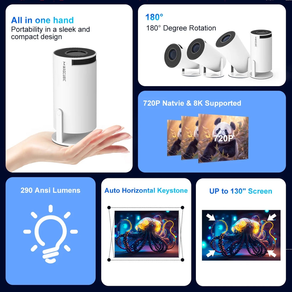 Projector HY300 Pro 8K | iPhone + Android Compatible, 14 Dual Wifi6, 290ANSI, H726, BT5.4, 1080P, 720P, Home Cinema + Outdoor Projetor