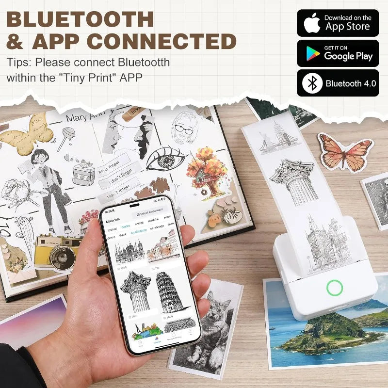Thermal Mini Portable Printer | Inkless, Sticker Maker, App Pocket Printer for Bluetooth Devices